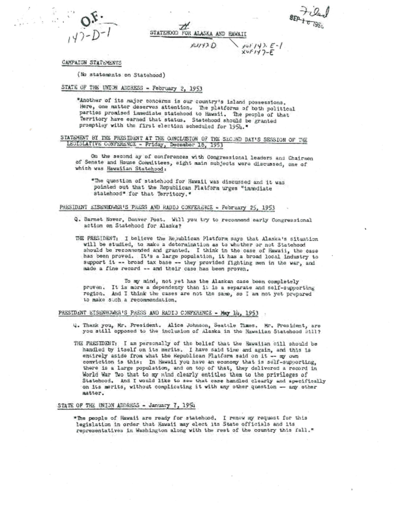 Scanned press conference document concerning Alaska and Hawaii statehood.