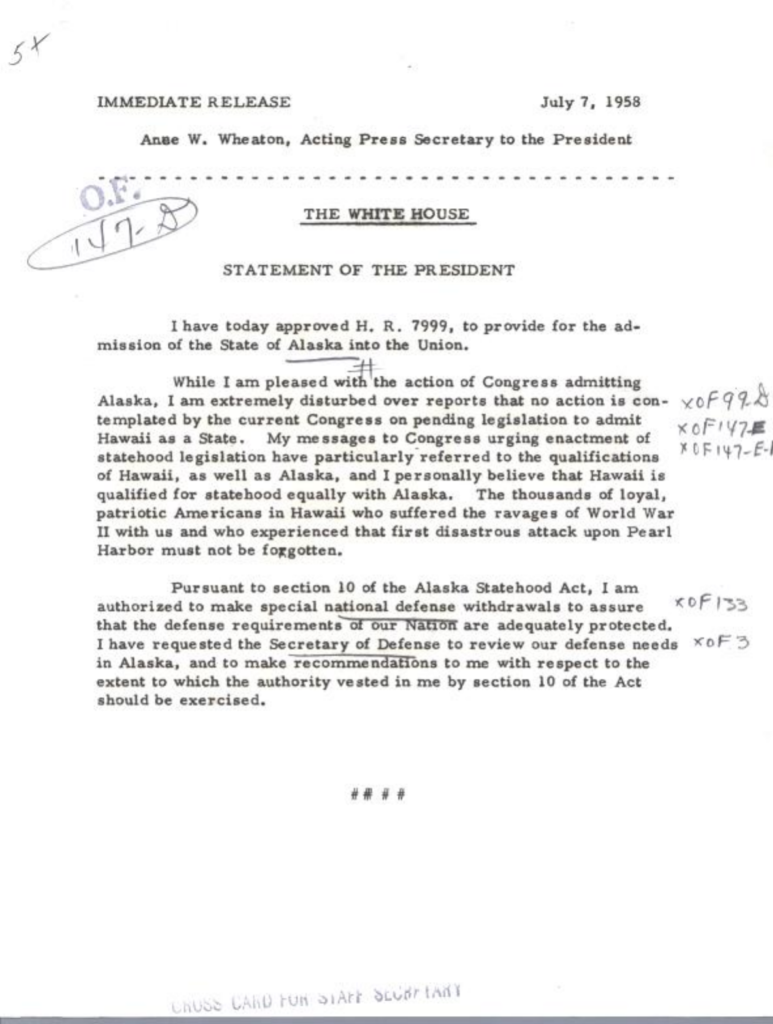 Scanned press release about President Eisenhower signing H.R. 7999.
