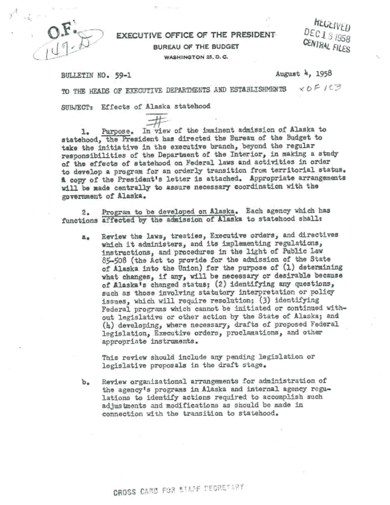 Scanned bulletin outlining the effects of Alaska statehood.