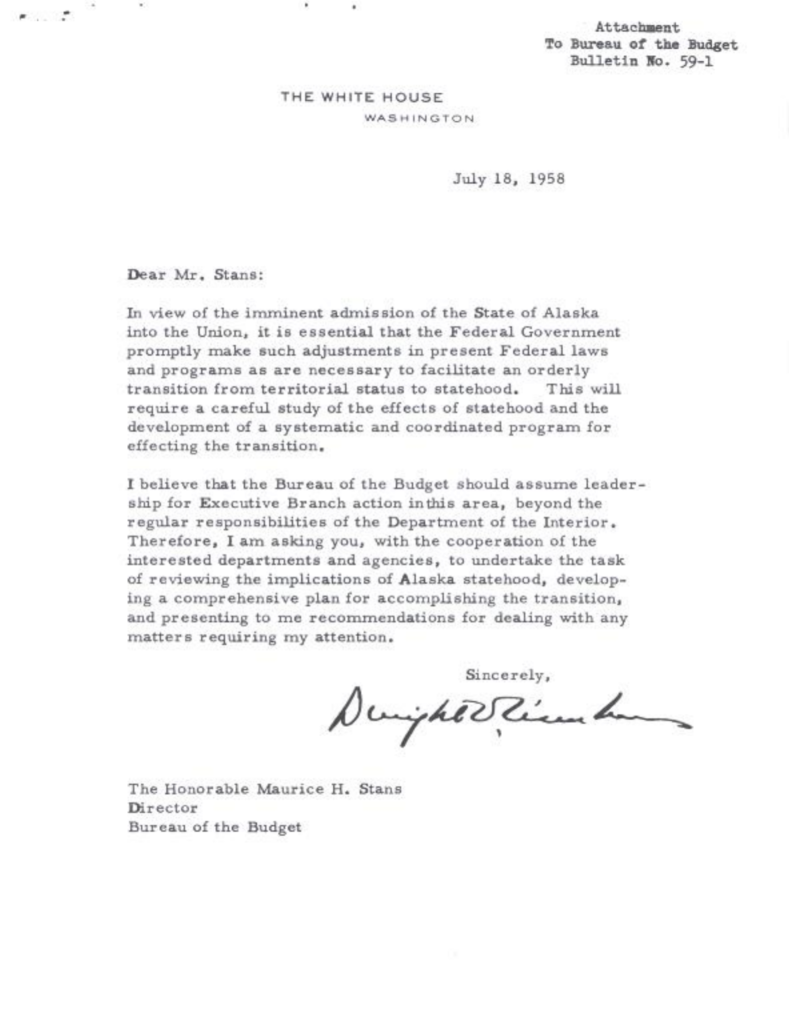 Scanned letter from Eisenhower to Maurice Stans about Alaska statehood.