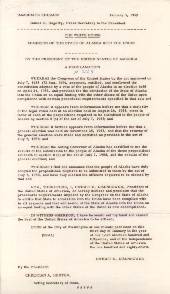 Scanned proclamation admitting Alaska as a state.