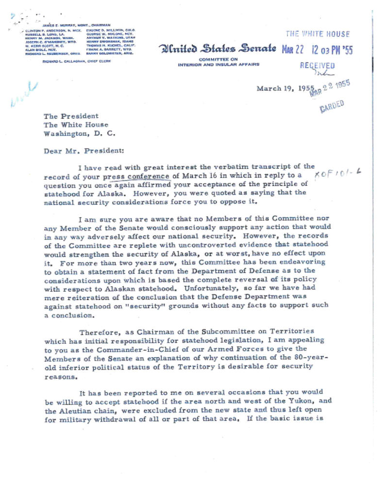 Scanned typewritten letter from Henry Jackson to President Eisenhower.