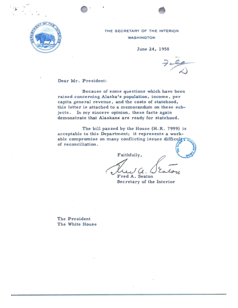 Scanned letter from the secretary of the interior with a handwritten signature.