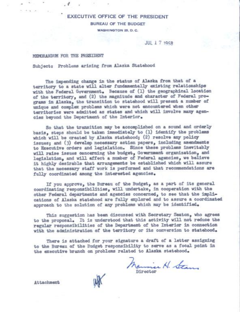 Scanned typewritten letter concerning issues related to Alaska statehood.