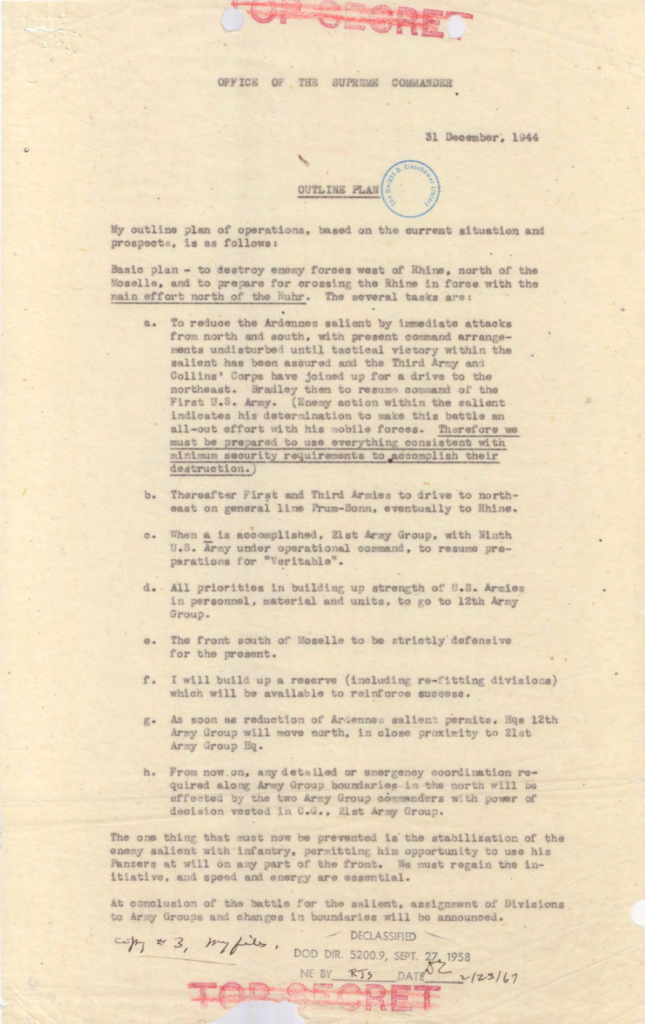 Aged typewritten outline for a military operations plan.