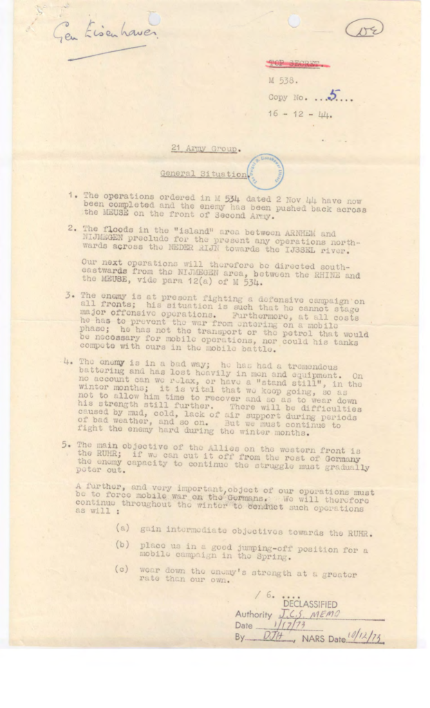 Aged typewritten Army group situation report.