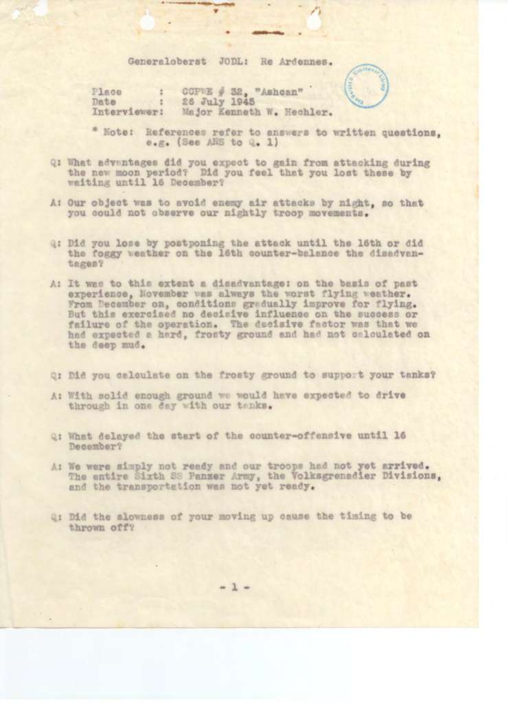 Aged transcript of an additional interview with Alfred Jodl.