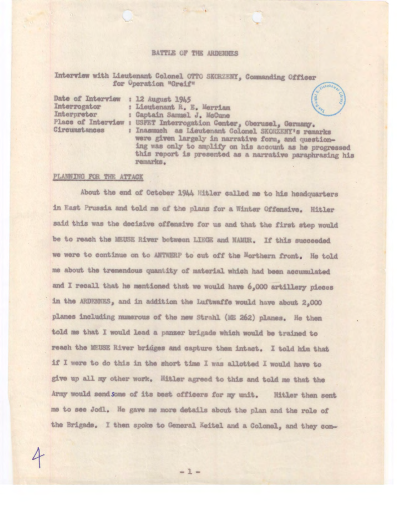 Aged typewritten interview transcript with an official stamp.