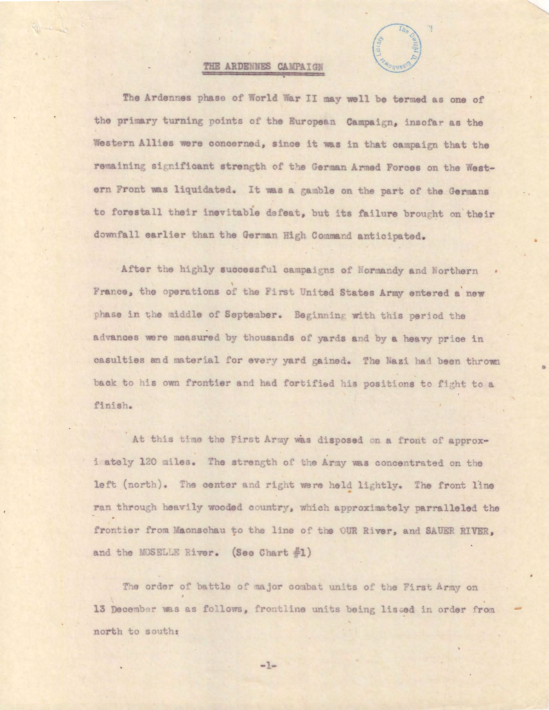 Aged typewritten account of the Ardennes campaign by Courtney Hodges.