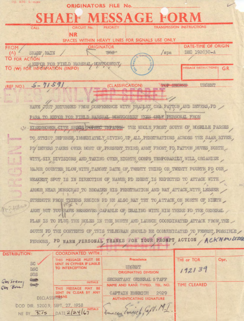 Aged military cable from Eisenhower to Montgomery with red markings.