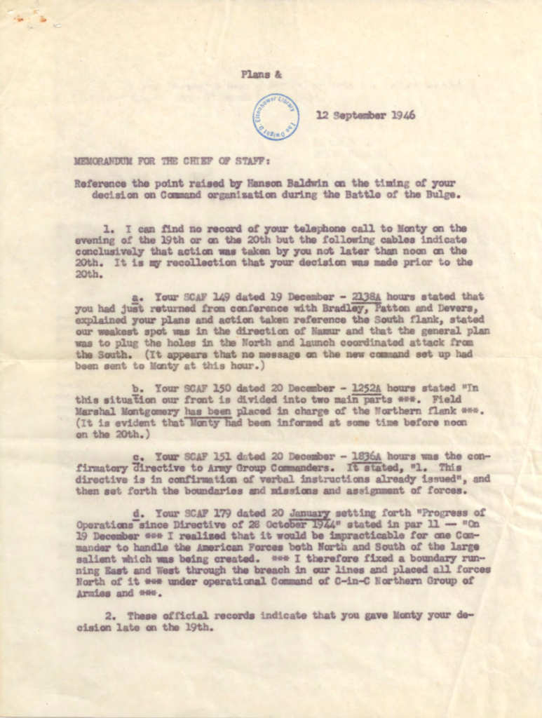 Aged typewritten memorandum for the chief of staff.
