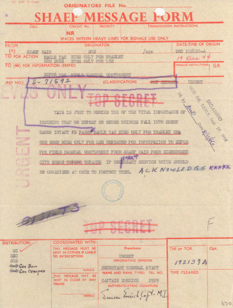 Military cable from Eisenhower to Bradley concerning protection of Meuse River bridges.