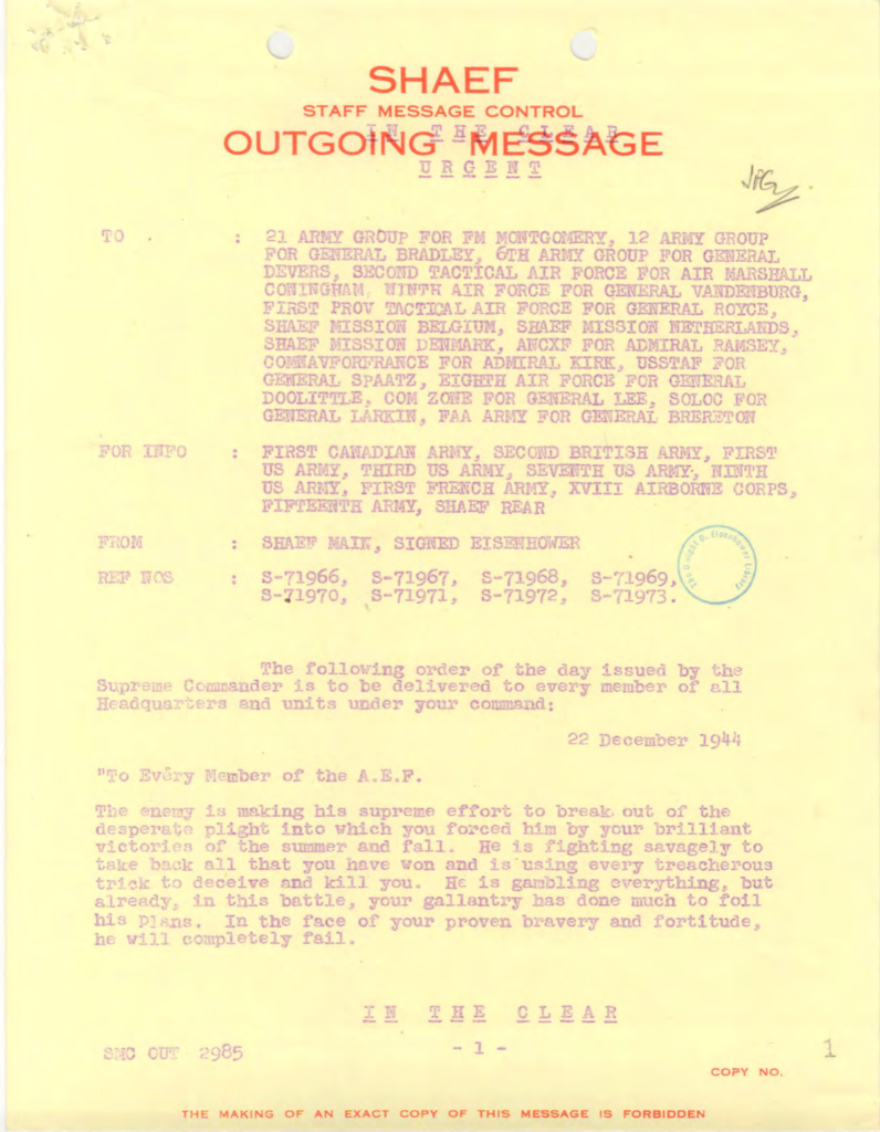 Yellowed typewritten message to Allied forces.