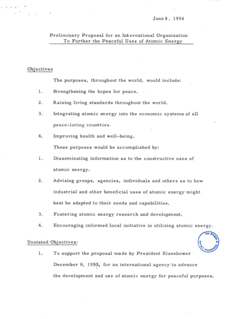 Scanned proposal for an international organization promoting peaceful atomic energy.