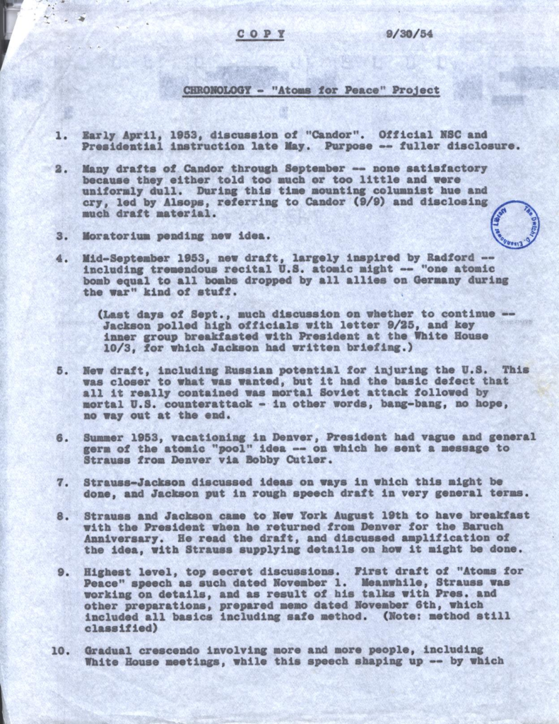 Blue-tinted chronology document for the Atoms for Peace project.