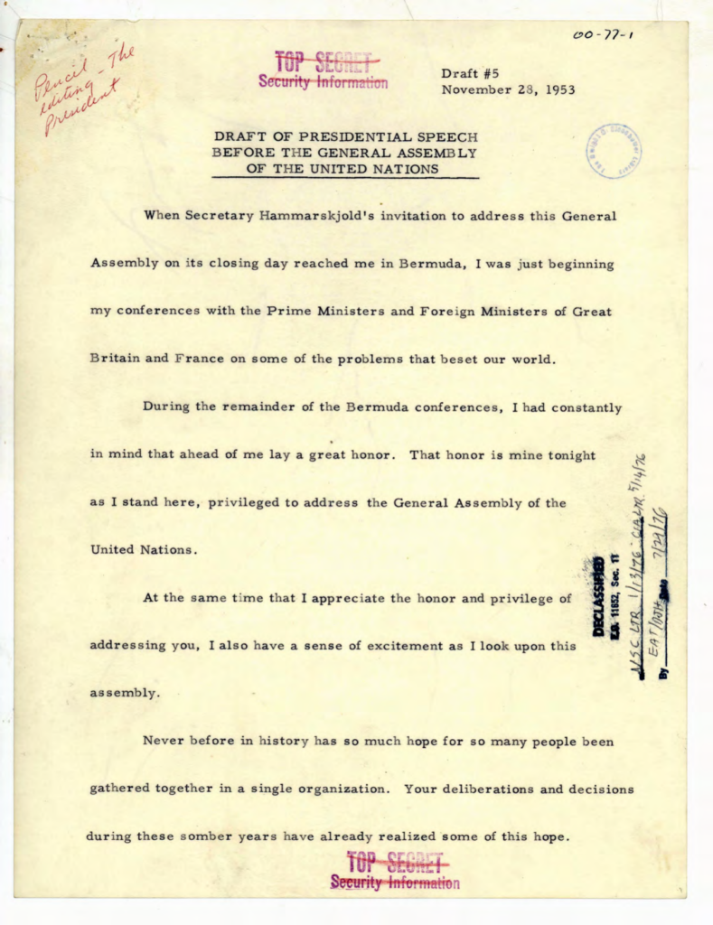 Typewritten draft of the Atoms for Peace speech.