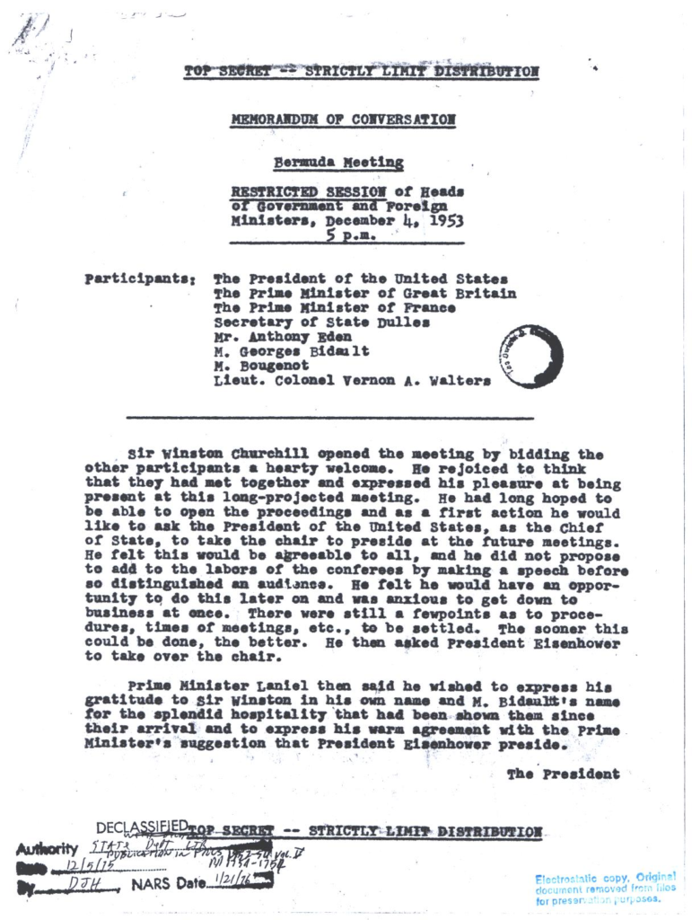 Scanned memorandum concerning a Bermuda meeting.