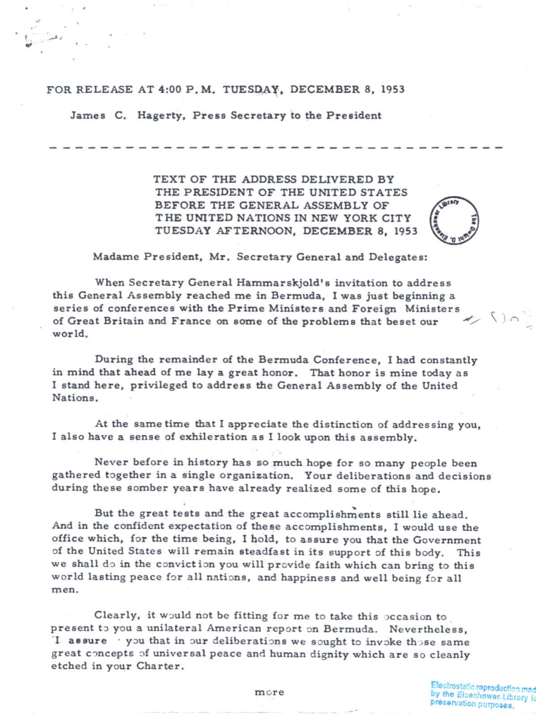 Scanned press release concerning the Atoms for Peace speech.