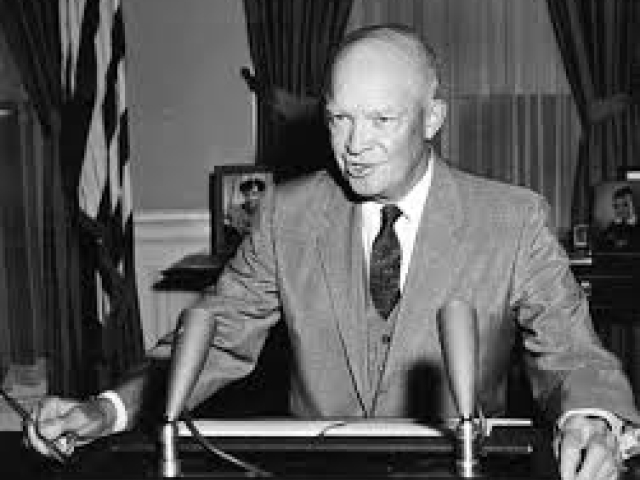President Dwight D. Eisenhower speaking during an address about the Little Rock integration crisis.