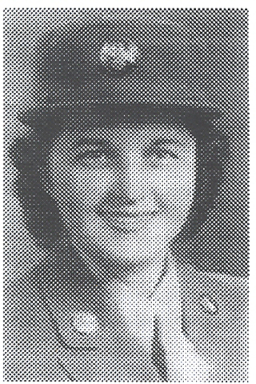 Woman wearing a military uniform and peaked cap in a halftone portrait.