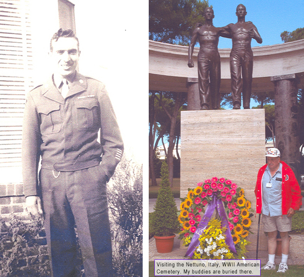 Two images: left, a vintage black and white photo of a soldier; right, a color image showing a man next to a statue dedicated to "American Heroes", with a wreath placed in front.