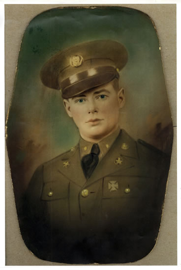This is a vintage painting featuring an individual in military uniform. The person appears to be wearing a cap and has medals pinned on their chest.