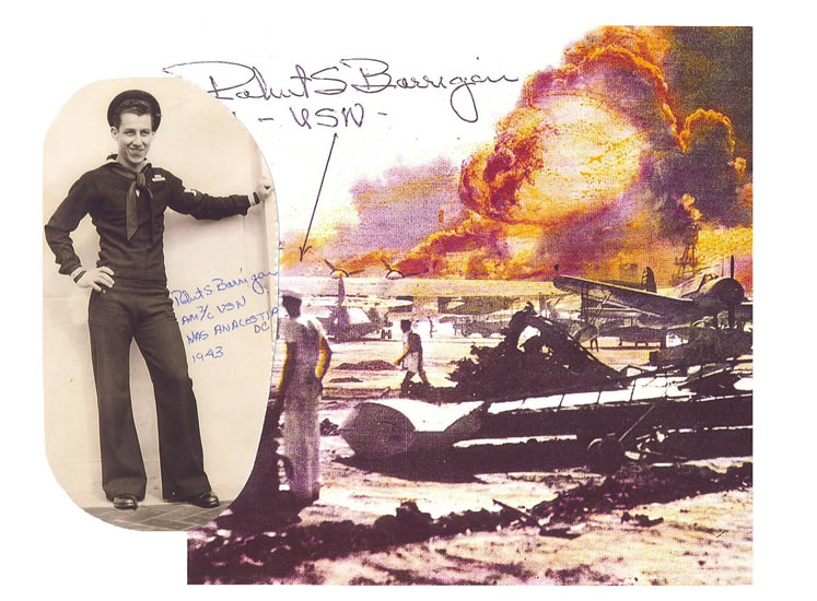 Wartime collage showing a serviceman beside a burning military vehicle.