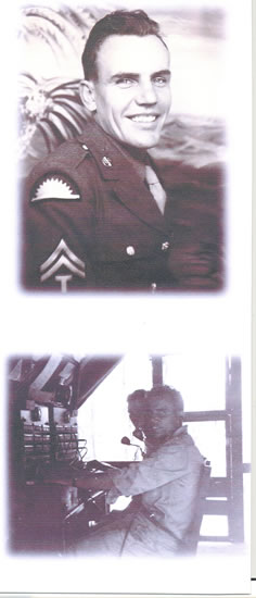 Two black-and-white images showing a smiling Army sergeant in uniform and later operating radio communications equipment.
