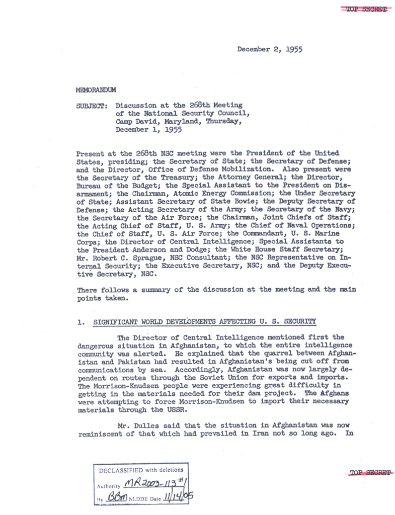Scanned minutes from a National Security Council meeting.