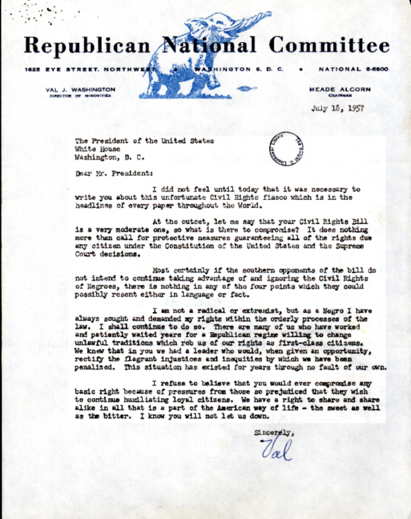 Scanned typewritten letter from Washington to President Eisenhower.