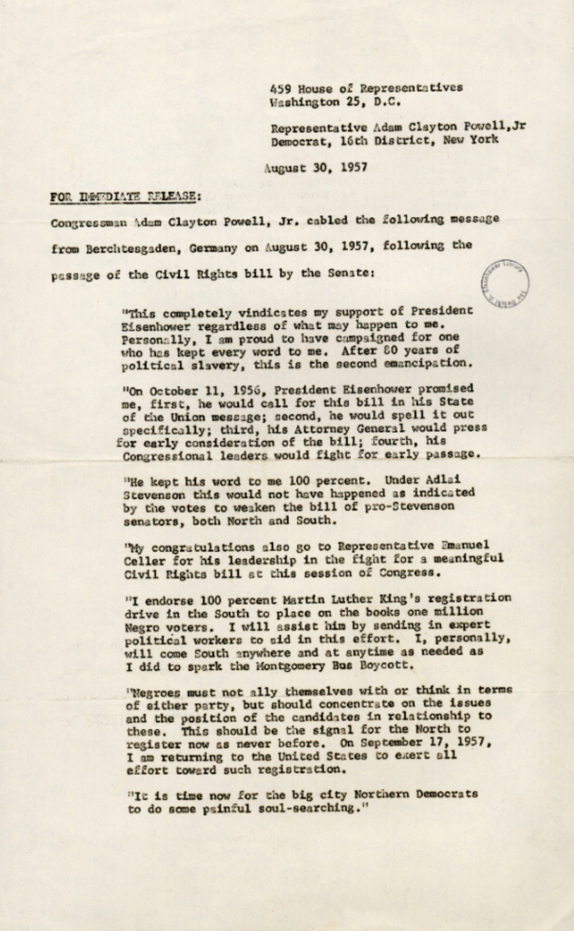Aged press release with several paragraphs of typewritten text.