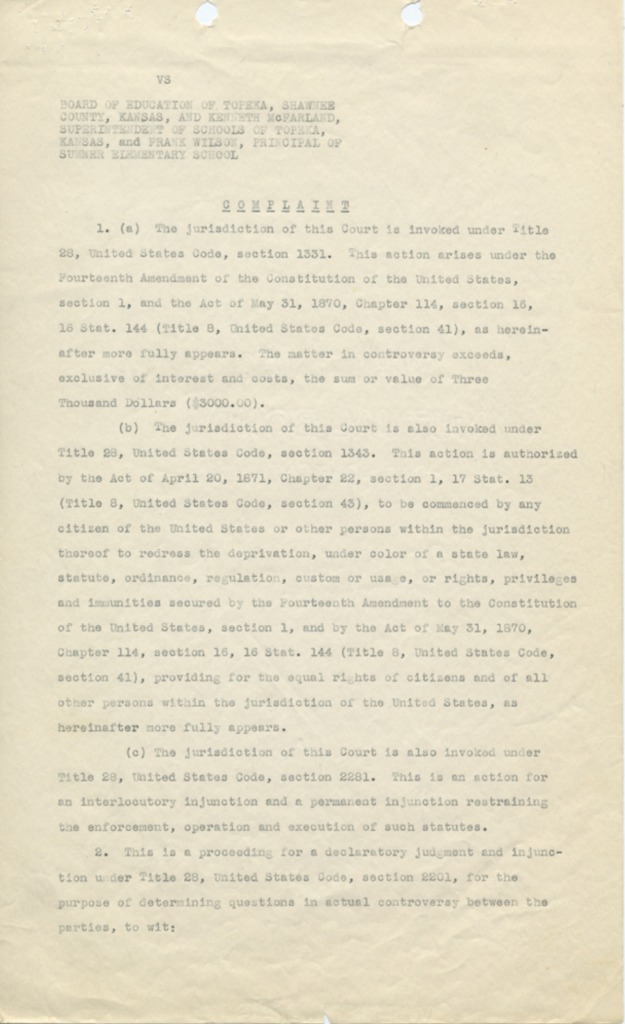 Scanned legal complaint against the Topeka Board of Education.