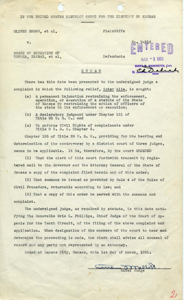 Scanned court order concerning Brown v. Board of Education of Topeka.