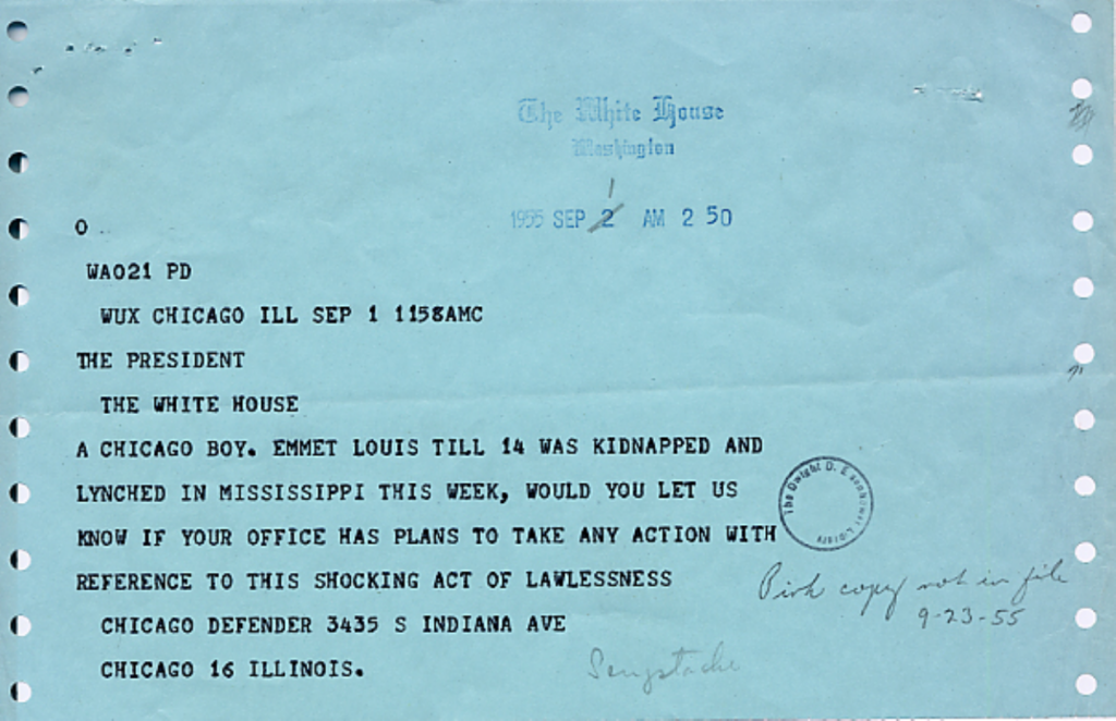 Blue telegram from the Chicago Defender to President Eisenhower.