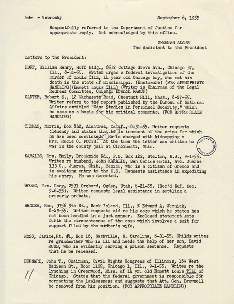 Aged typewritten document listing multiple letters.