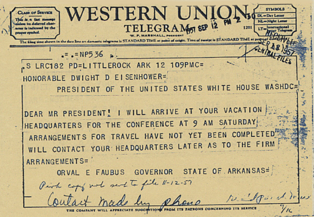 Western Union telegram from Faubus to President Eisenhower.