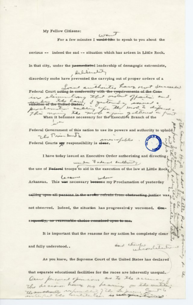 Scanned speech draft with handwritten notes and an official stamp.