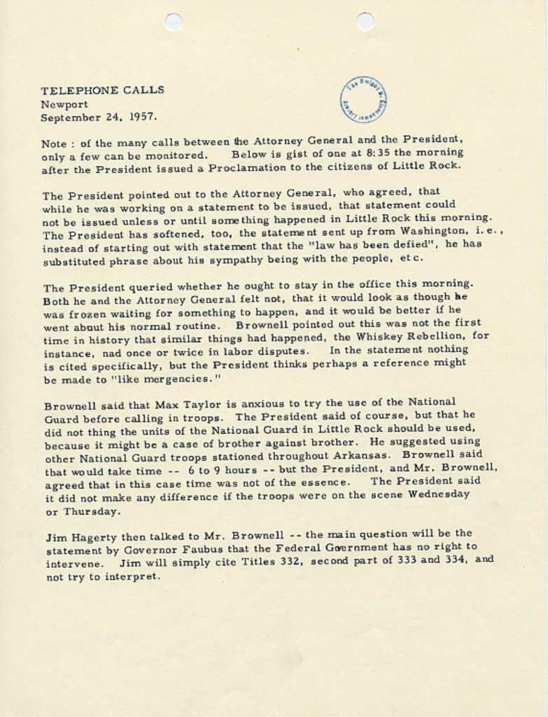 Aged typewritten notes from telephone calls.