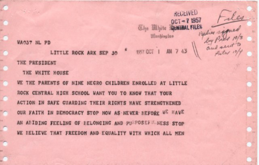 Pink telegram from students to President Eisenhower.