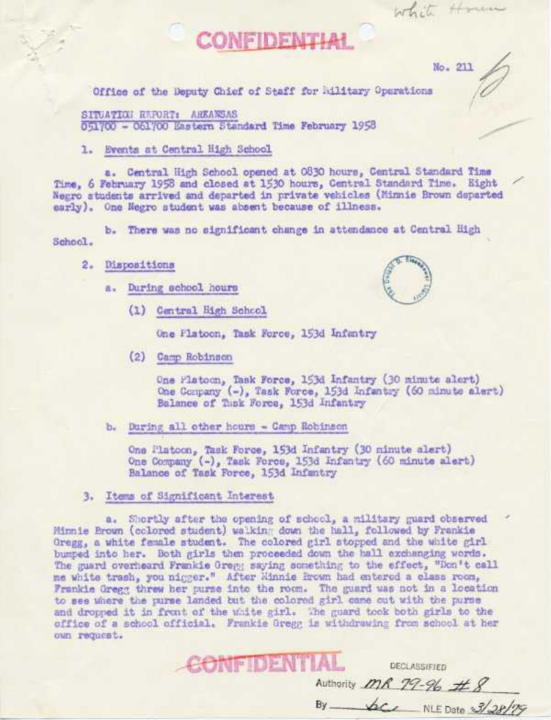 Scanned situation report with purple text and a circular stamp.