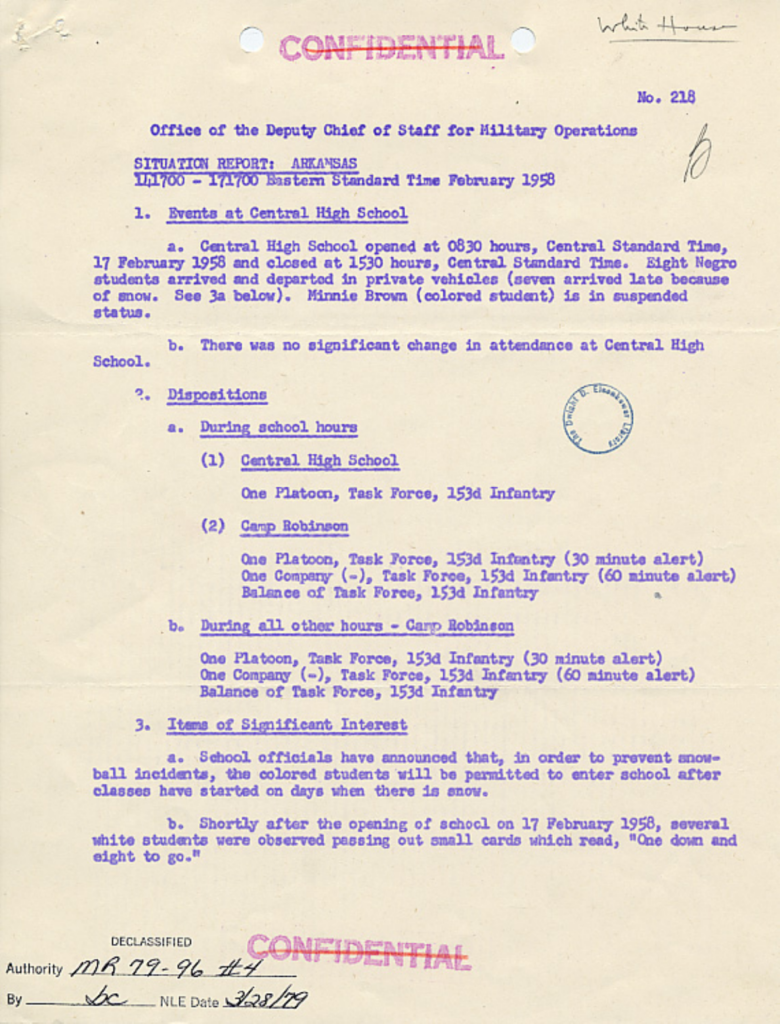 Scanned situation report with purple text, stamps, and handwritten notes.