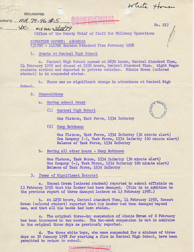 Scanned situation report with purple typewritten text and official markings.