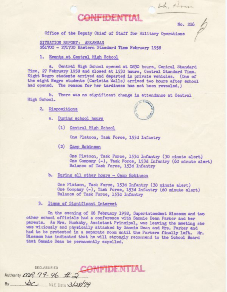 Scanned situation report with purple typewritten text and handwritten markings.