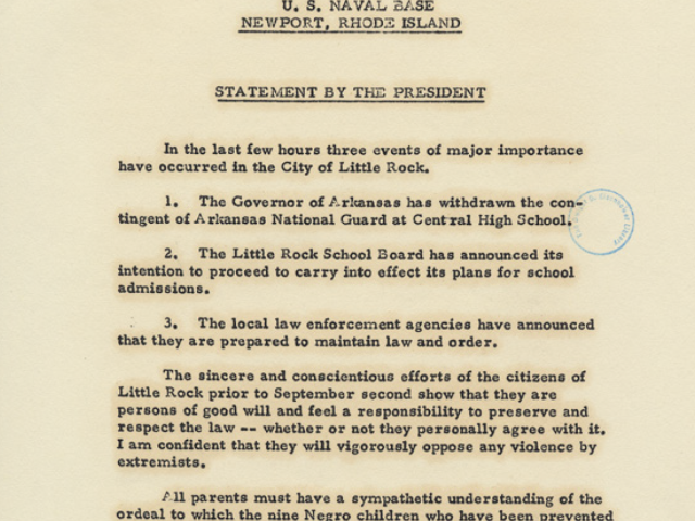 Presidential statement noting the withdrawal of the Arkansas National Guard and plans to proceed with school integration in Little Rock.