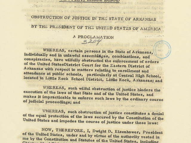 Presidential proclamation ordering an end to obstruction of federal school integration orders in Arkansas.