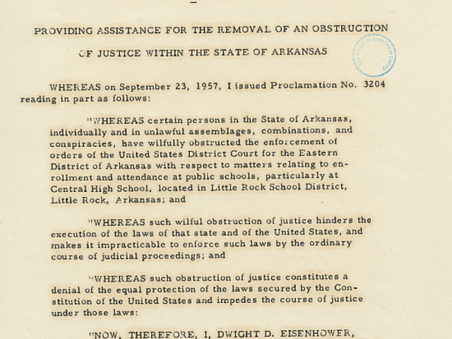 Executive order authorizing federal assistance to enforce court-ordered school integration in Arkansas.