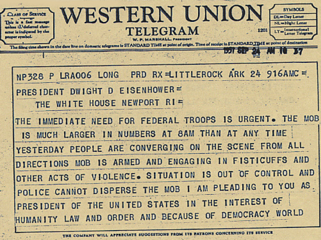 Telegram to President Dwight D. Eisenhower dated September 24, 1957, requesting the immediate need for federal troops.