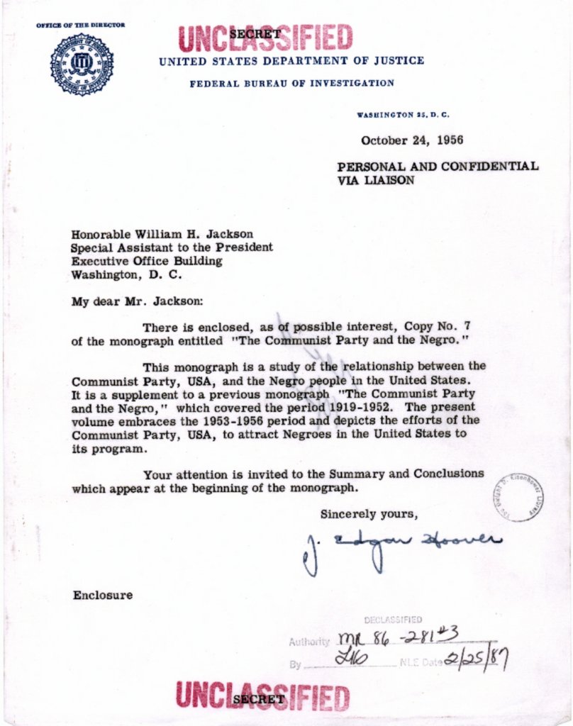 Scanned typewritten letter from J. Edgar Hoover to Jackson.