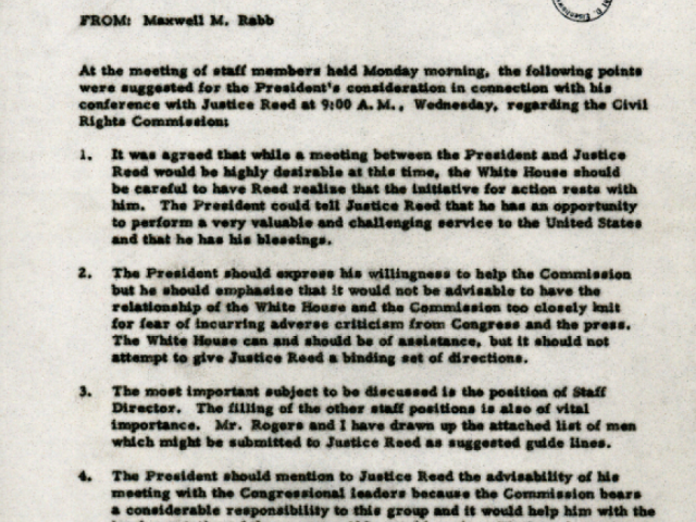 Memorandum discussing civil rights issues, federal responsibilities, and possible administrative action.