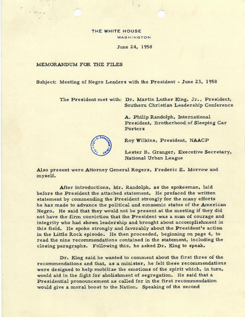 Aged typewritten meeting memorandum with official stamps.